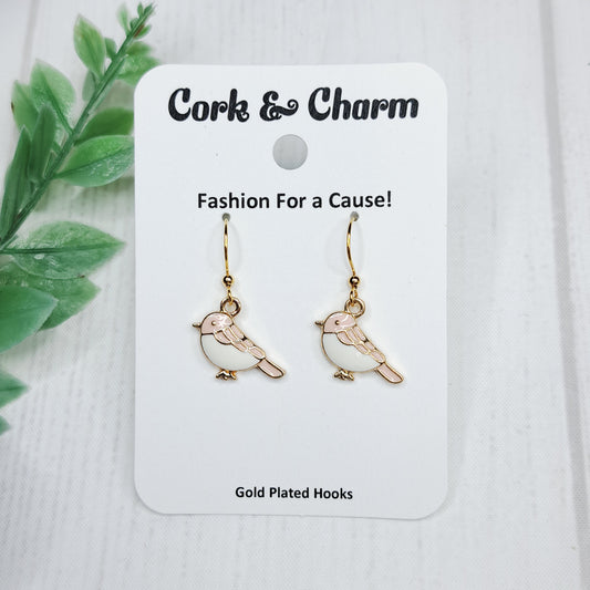 Pink and White Bird Enamel Gold Earrings