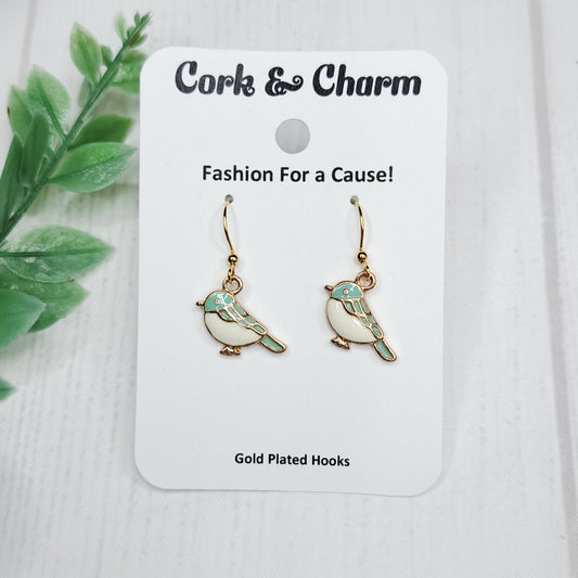 Blue and White Bird Enamel Gold Earrings