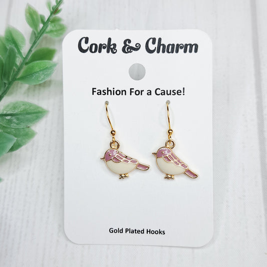 Purple and White Bird Enamel Gold Earrings