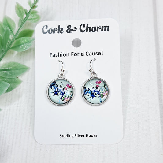 Bluebirds on a Branch Bird Circle Sterling Silver Earrings