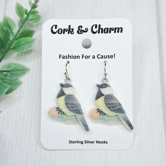 Flocked Fuzzy Chickadee Bird Sterling Silver Earrings