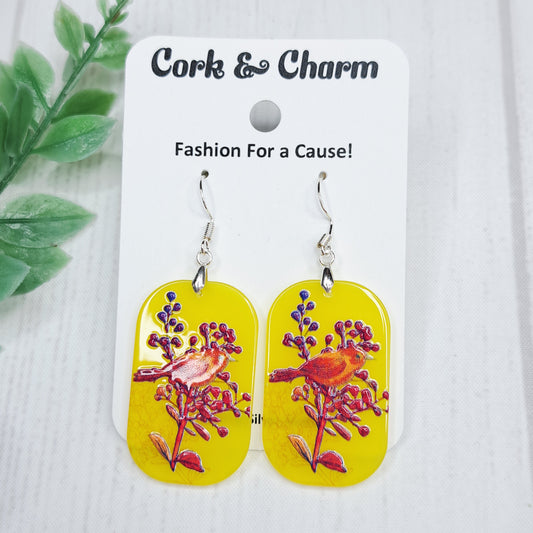 Bird Flower Scene Yellow Acrylic Sterling Silver Earrings