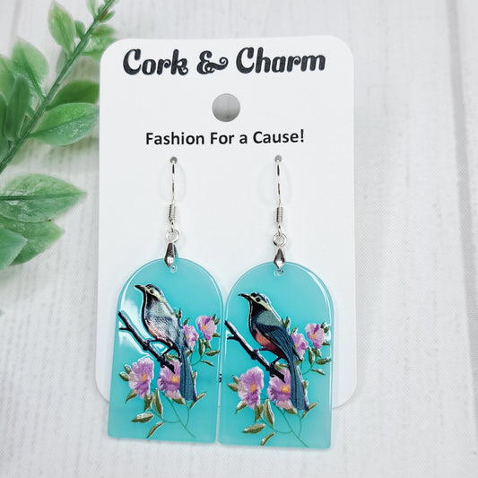 Bird Flower Scene Blue Acrylic Sterling Silver Earrings
