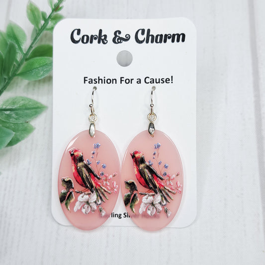 Bird Flower Scene Pink Acrylic Sterling Silver Earrings