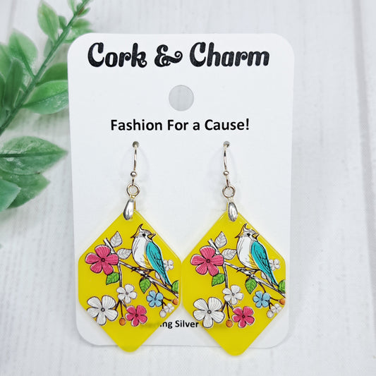 Bird Flower Scene Yellow Hexagon Acrylic Sterling Silver Earrings