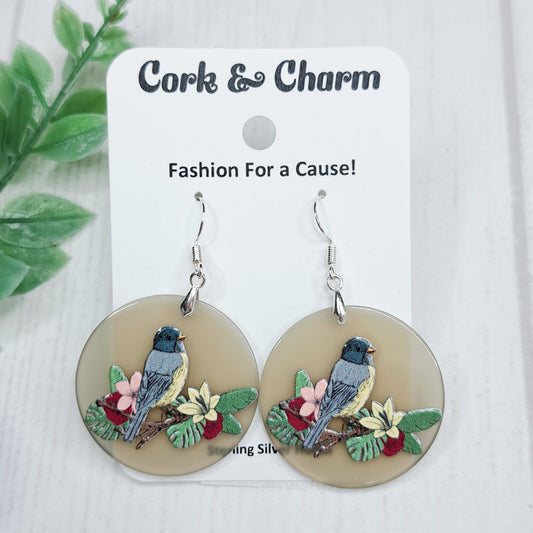 Bird Flower Scene Gray Acrylic Sterling Silver Earrings