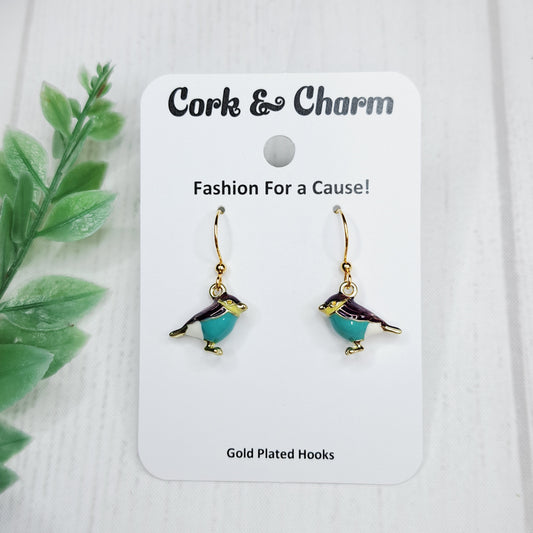 Purple Blue Bird Gold Earrings