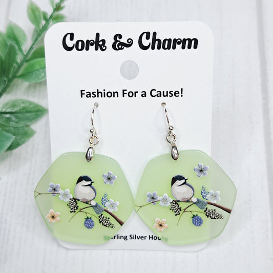 Bird Flower Scene Green Acrylic Sterling Silver Earrings