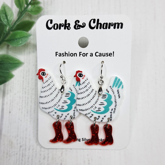 White Chickens in Cowboy Boots Rainboots Striped Bird Acrylic Sterling Silver Earrings