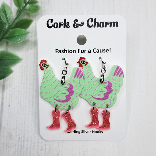 Green Chickens in Cowboy Boots Rainboots Striped Bird Acrylic Sterling Silver Earrings