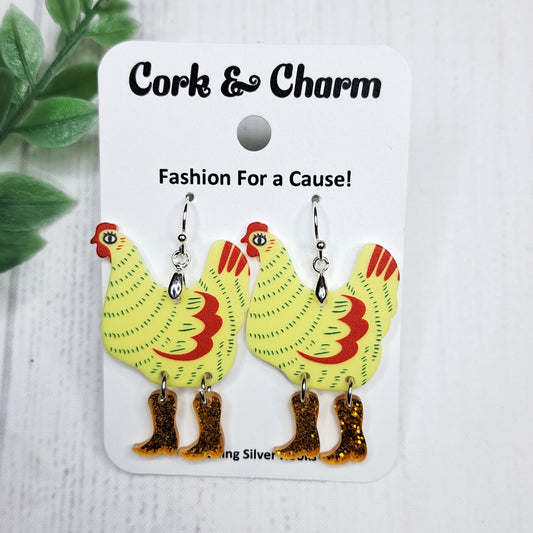 Yellow Chickens in Cowboy Boots Rainboots Striped Bird Acrylic Sterling Silver Earrings