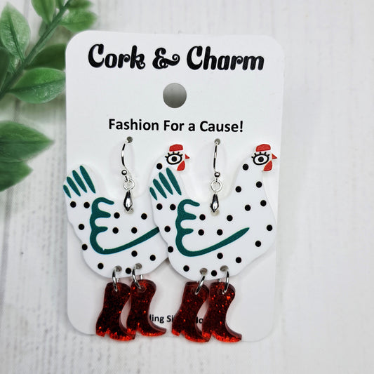 White Chickens in Cowboy Boots Rainboots Spotted Bird Acrylic Sterling Silver Earrings