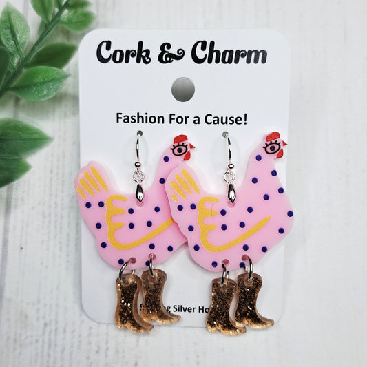 Pink Chickens in Cowboy Boots Rainboots Spotted Bird Acrylic Sterling Silver Earrings