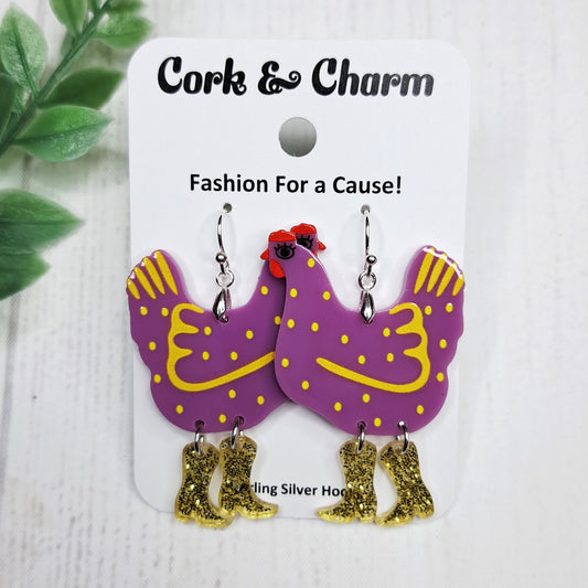 Purple Chickens in Cowboy Boots Rainboots Spotted Bird Acrylic Sterling Silver Earrings