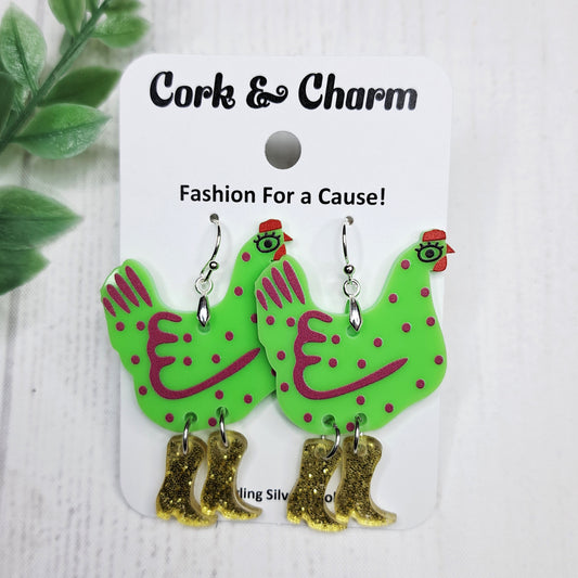 Green Chickens in Cowboy Boots Rainboots Spotted Bird Acrylic Sterling Silver Earrings