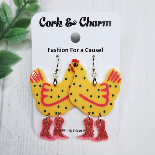 Yellow Chickens in Cowboy Boots Rainboots Spotted Bird Acrylic Sterling Silver Earrings