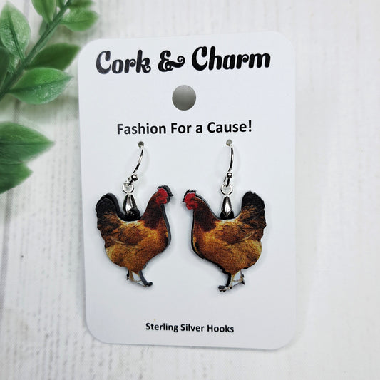 Rooster Chicken Bird Acrylic Sterling Silver Earrings