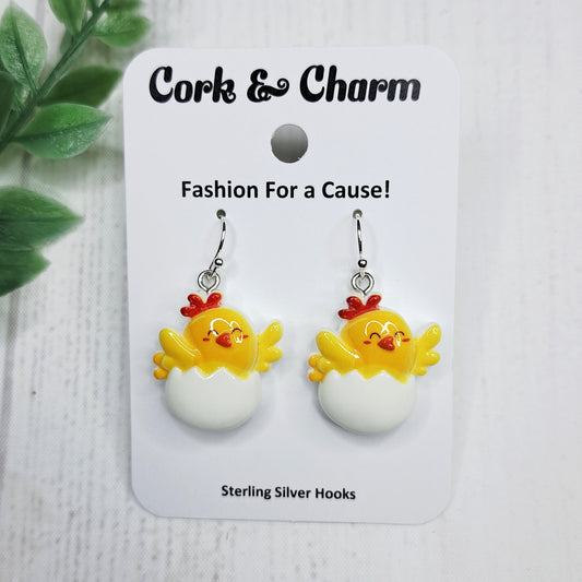 Rooster Chicken Hatching Egg Bird Sterling Silver Earrings