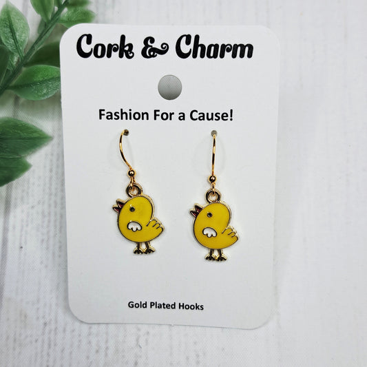 Yellow Baby Chick Bird Enamel Gold Earrings