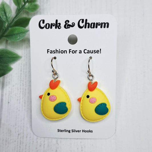 Stitched Chicken Rooster Bird Sterling Silver Earrings