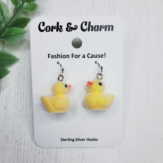 Flocked Fuzzy Baby Duck Duckling Bird Sterling Silver Earrings
