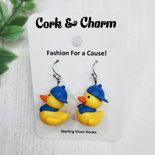 Baby Duck Duckling Blue Cap Scarf Bird Sterling Silver Earrings