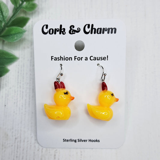 Baby Duck Duckling Red Bow Bird Sterling Silver Earrings