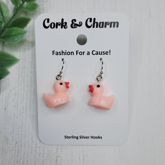 Pink Baby Duck Duckling Red Bow Bird Sterling Silver Earrings