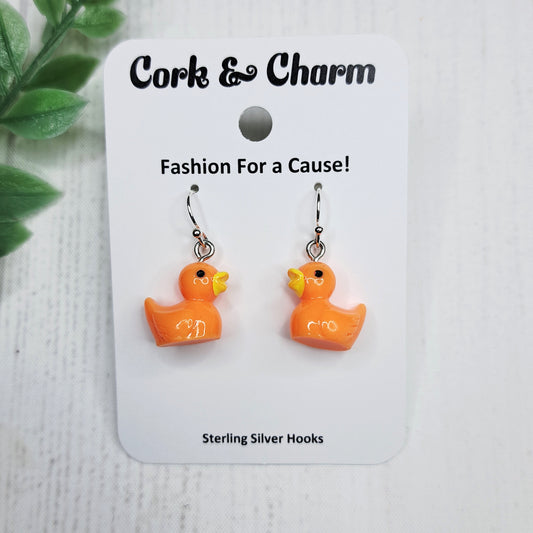 Orange Baby Duck Duckling Red Bow Bird Sterling Silver Earrings