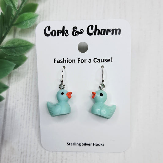 Blue Baby Duck Duckling Red Bow Bird Sterling Silver Earrings