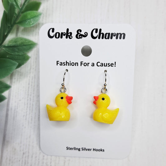 Yellow Baby Duck Duckling Red Bow Bird Sterling Silver Earrings