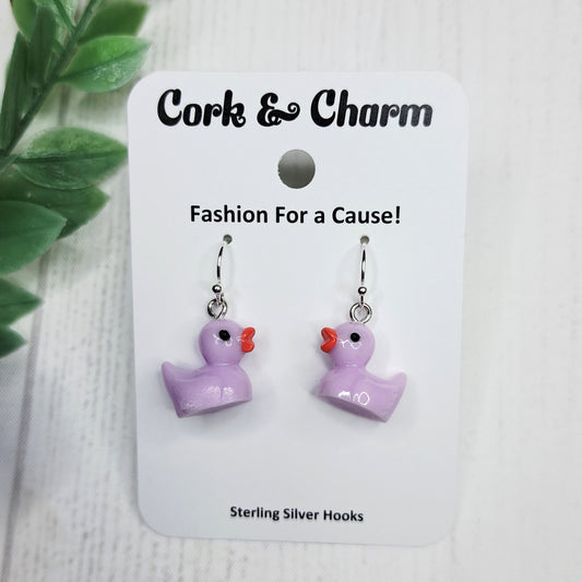 Purple Baby Duck Duckling Red Bow Bird Sterling Silver Earrings