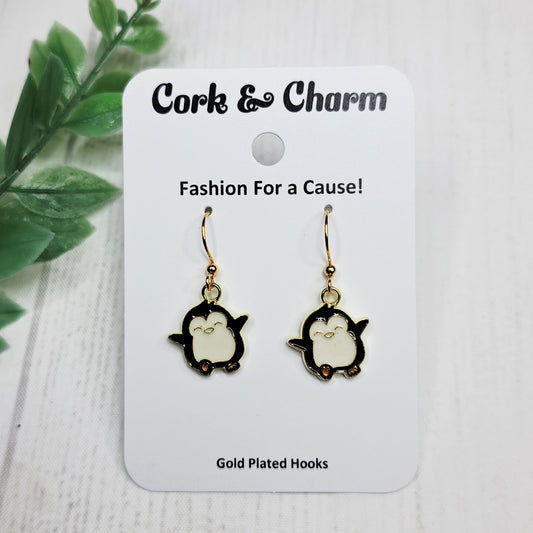 Baby Penguin Bird Enamel Gold Earrings