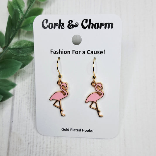 Pink Flamingo Bird Enamel  Gold Earrings