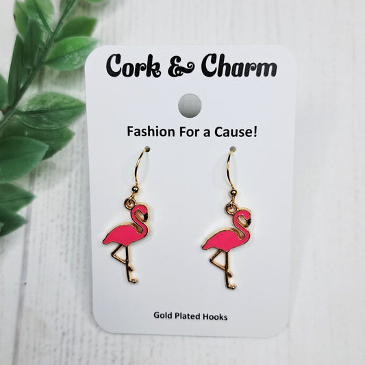Bright Pink Flamingo Bird Enamel Gold Earrings