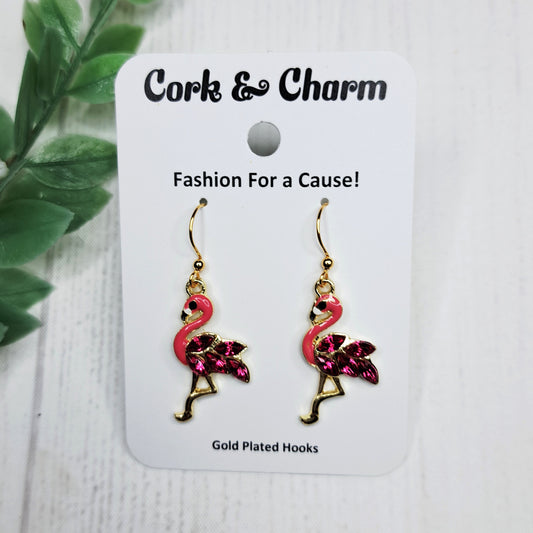 Bright Pink Flamingo Bird Rhinestone Gold Earrings