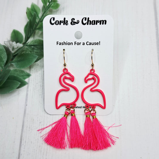 Pink Flamingo Tassel Bird Gold Earrings
