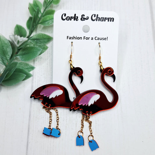 Pink Flamingo Bird Acrylic Gold Earrings