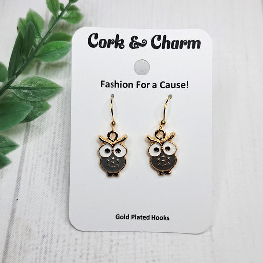 Gray Owl Bird Enamel Gold Earrings