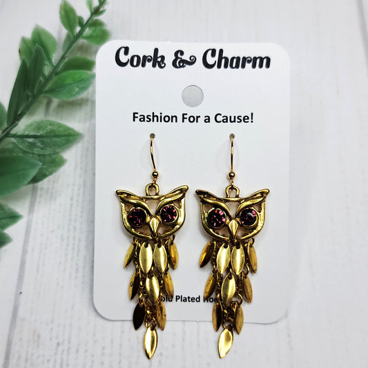 Gold Owl Chain Red Rhinestone Eyes Bird Gold Earrings