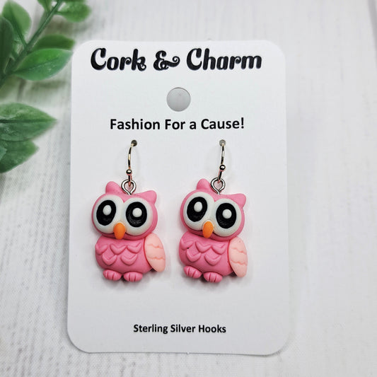 Pink Owl Bird Sterling Silver Earrings