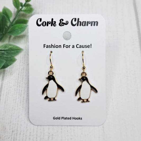 Penguin Bird Enamel Gold Earrings