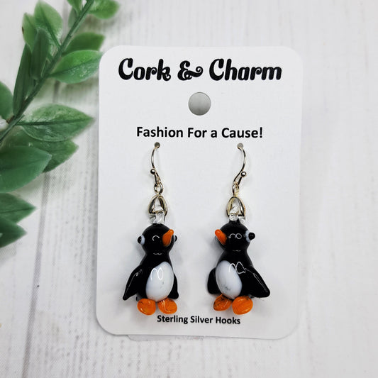 Glassblown Black White Penguin Bird Sterling Silver