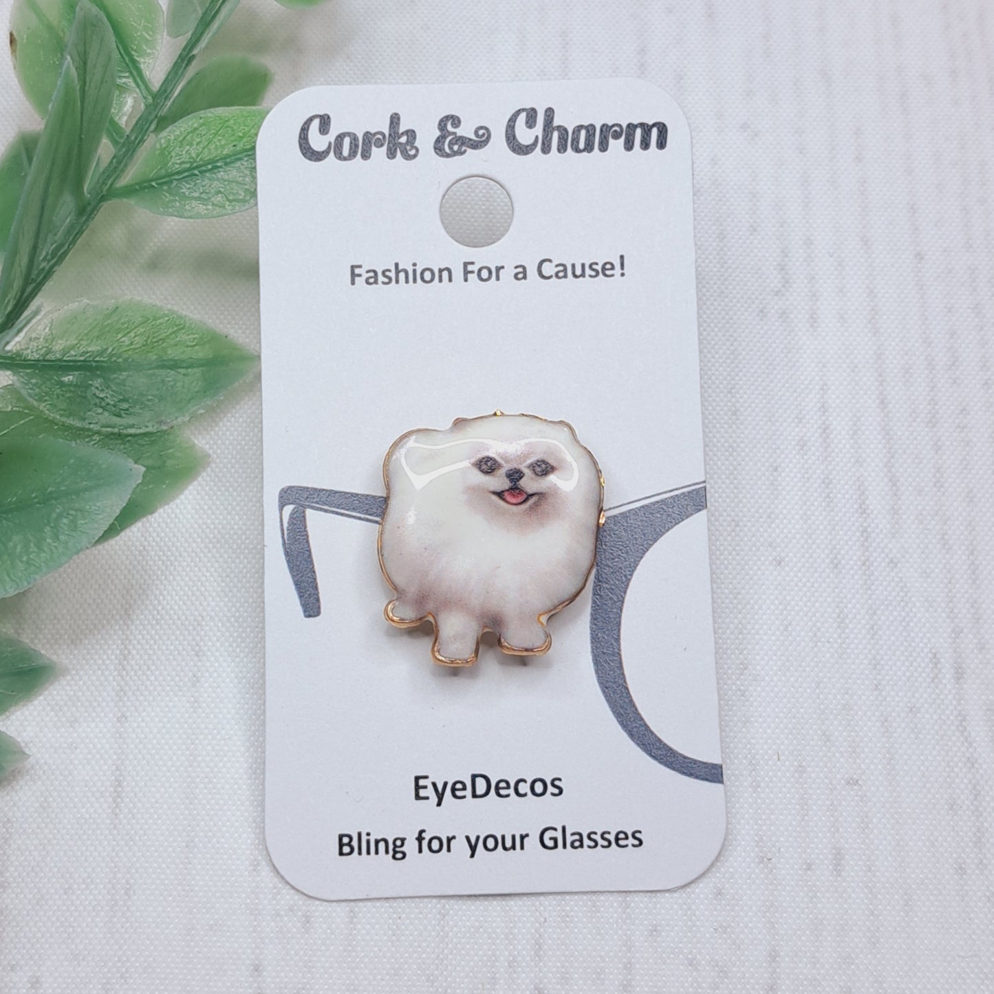 White Pomeranian Dog Gold Plated Enamel EyeDeco