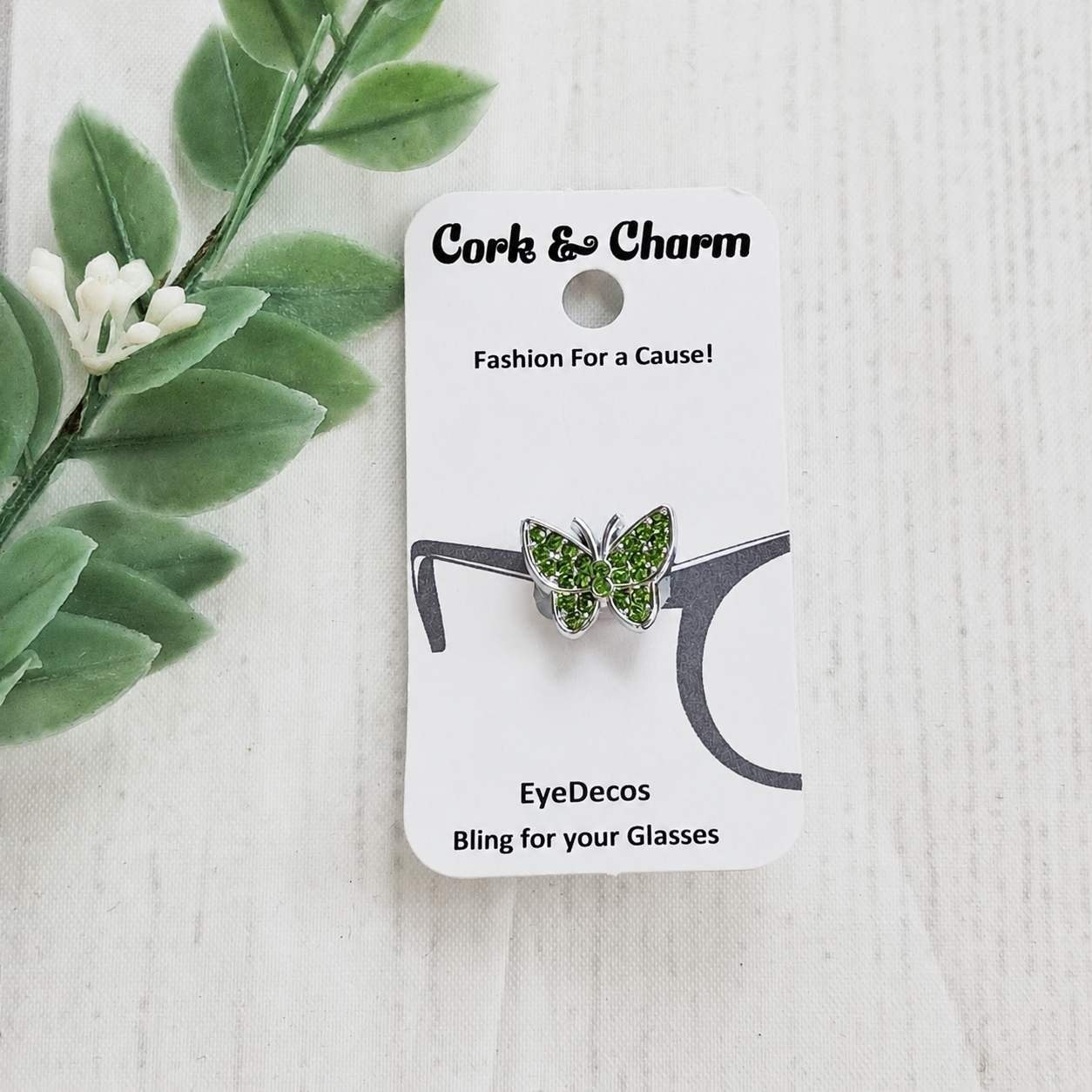 Green Rhinestone Silver Butterfly Metal EyeDeco