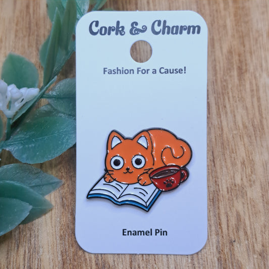 Orange Cat Coffee Tea Book Enamel Pin