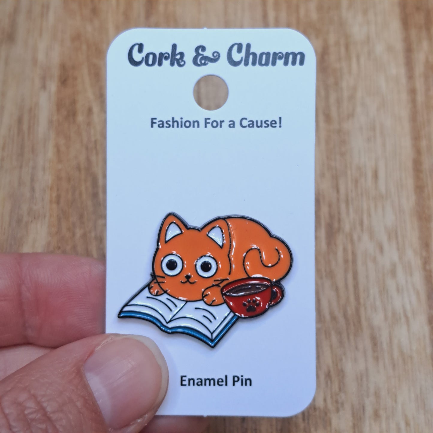 Orange Cat Coffee Tea Book Enamel Pin