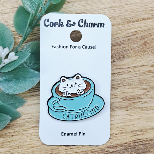 White Catpuccino Coffee Enamel Pin