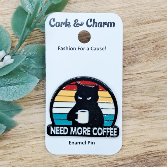 Black Cat Need More Coffee Enamel Pin