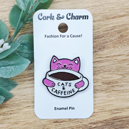 Pink Cat and Coffee Enamel Pin